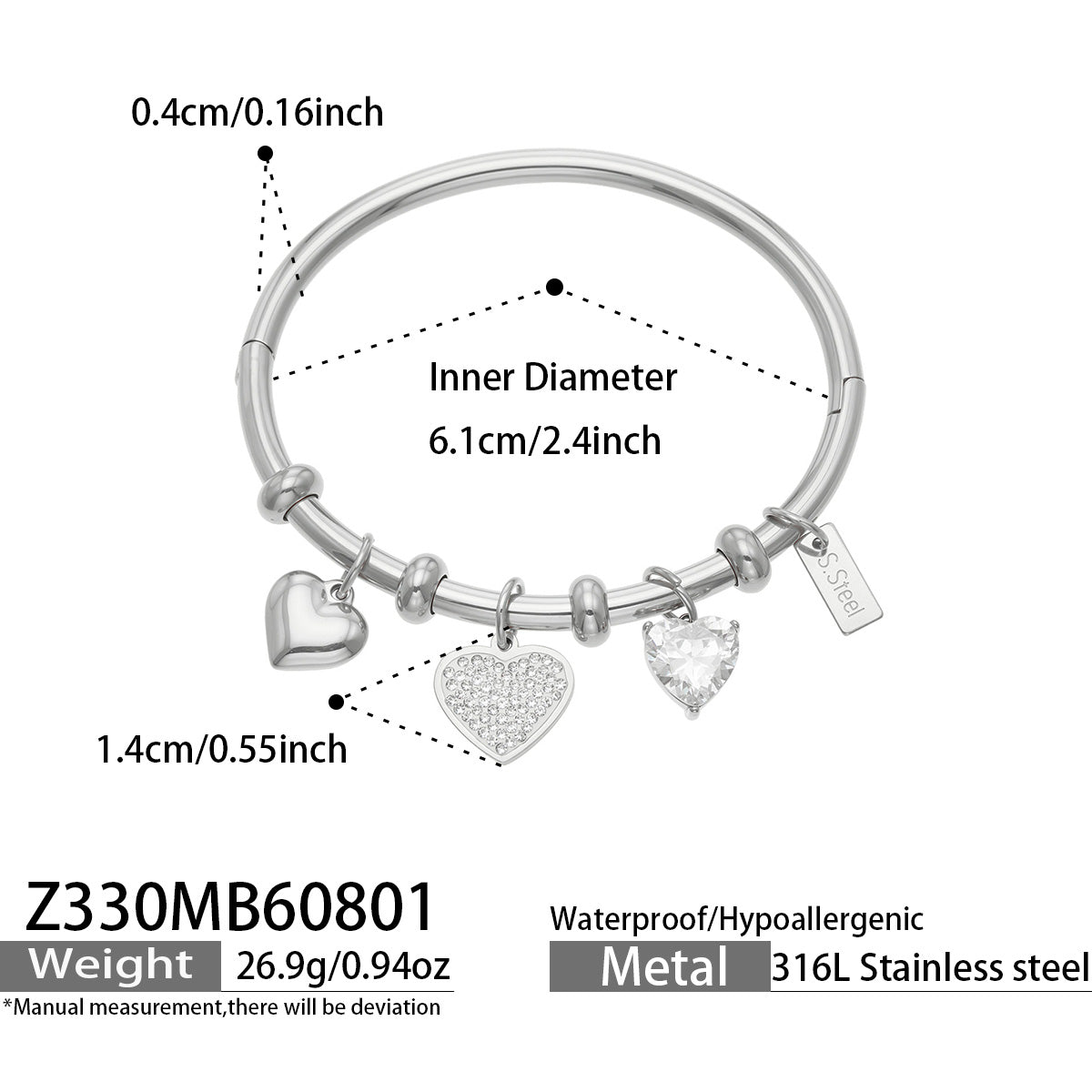 Steel heart charm bangle bracelet dimensions, weight and product specification guide
