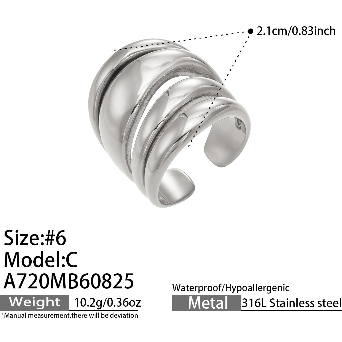 Steel tone 316L stainless steel hollow multi-band open ring measurement details
