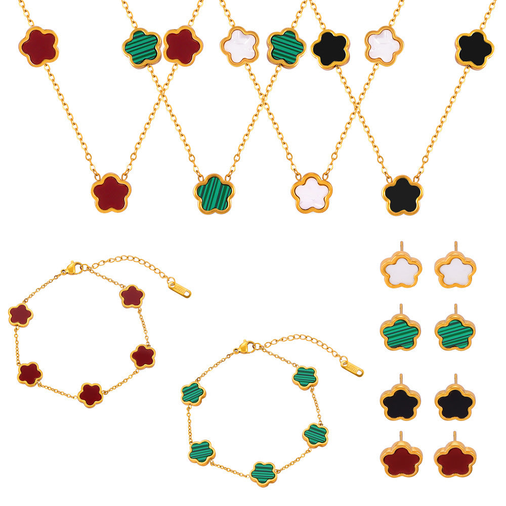 316L Stainless Steel Inlaid White Shell & Turquoise Vintage Geometric Floral Jewelry Set - front view showcase