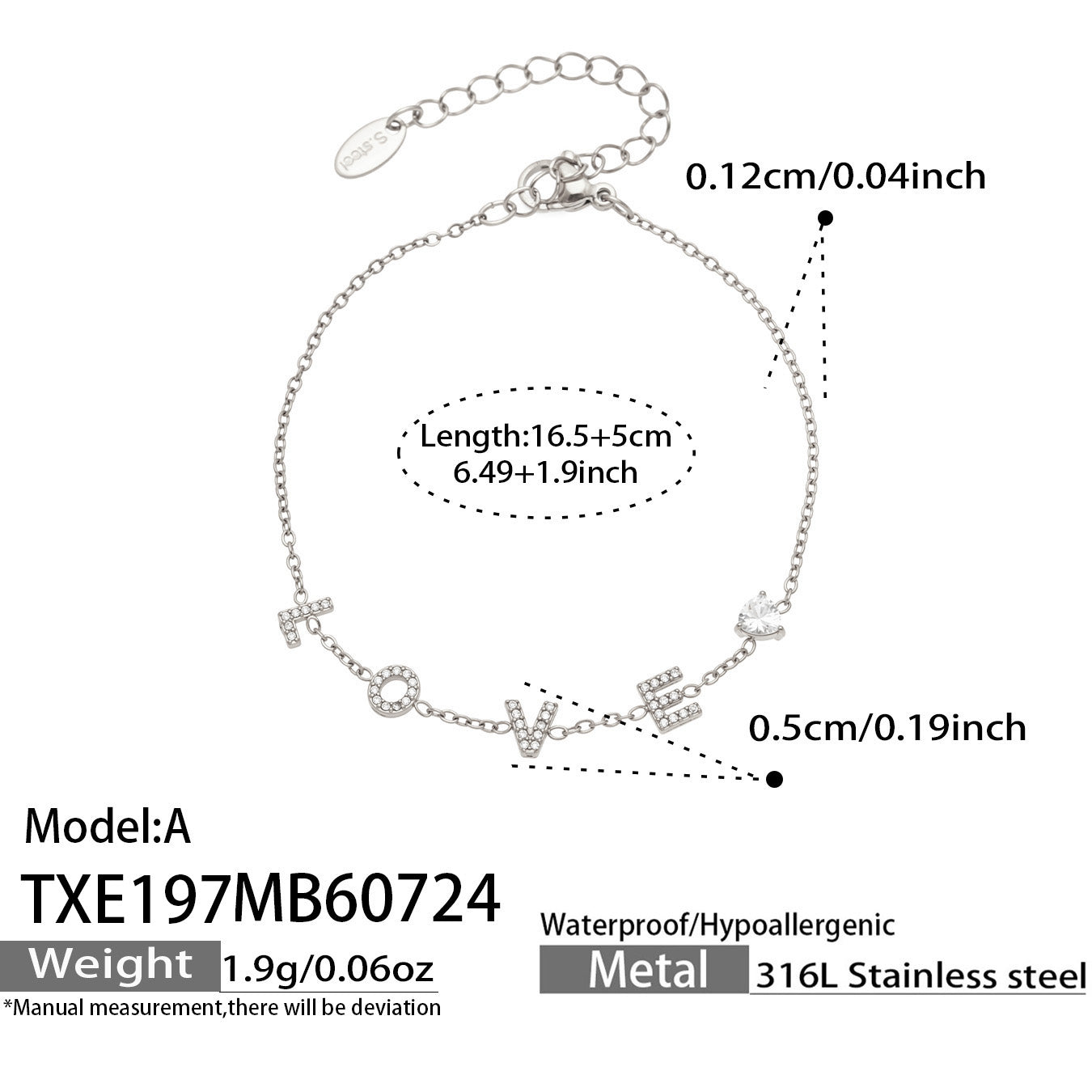 MiduoduoJewelry polished steel LOVE letter zircon bracelet dimensions and specification guide