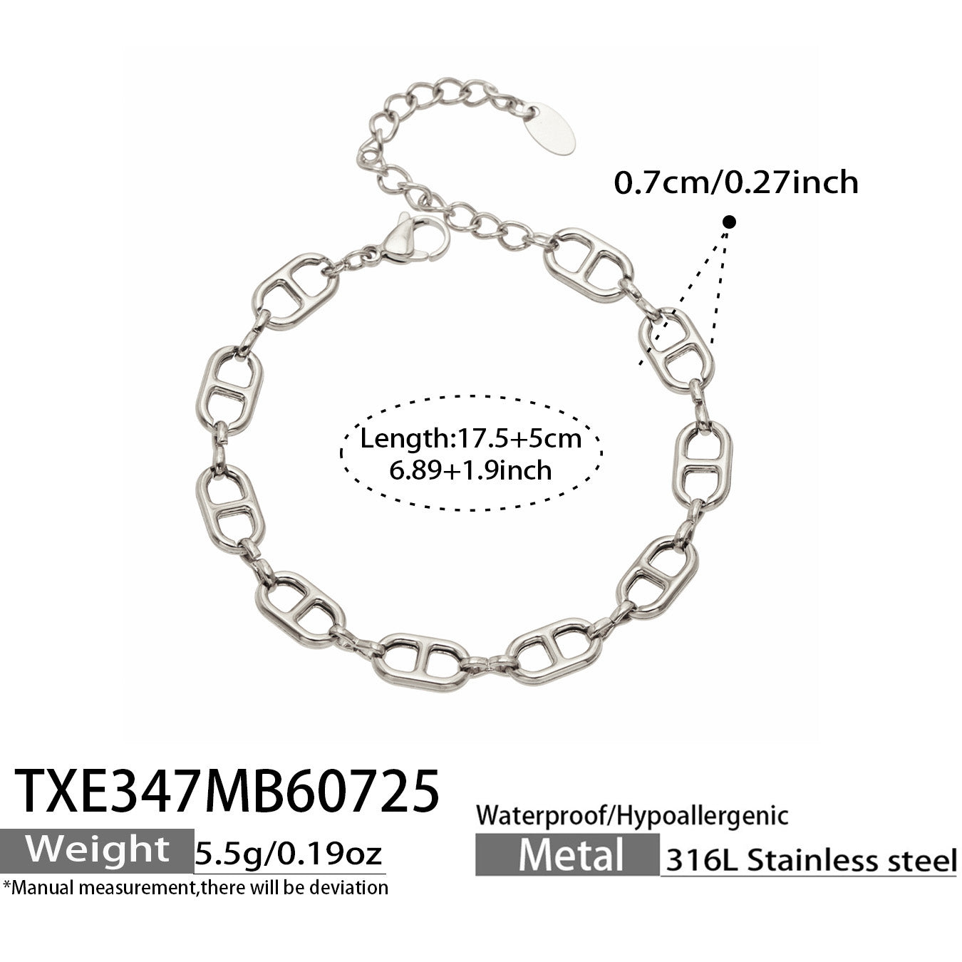 Polished steel mariner link bracelet dimensions, clasp and extender guide