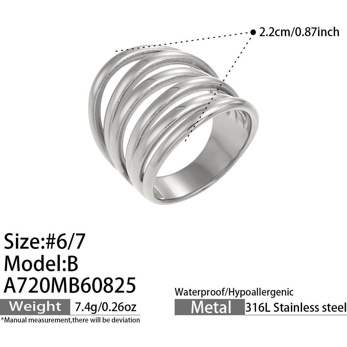 Steel tone 316L stainless steel multi-band open ring product and measurement details