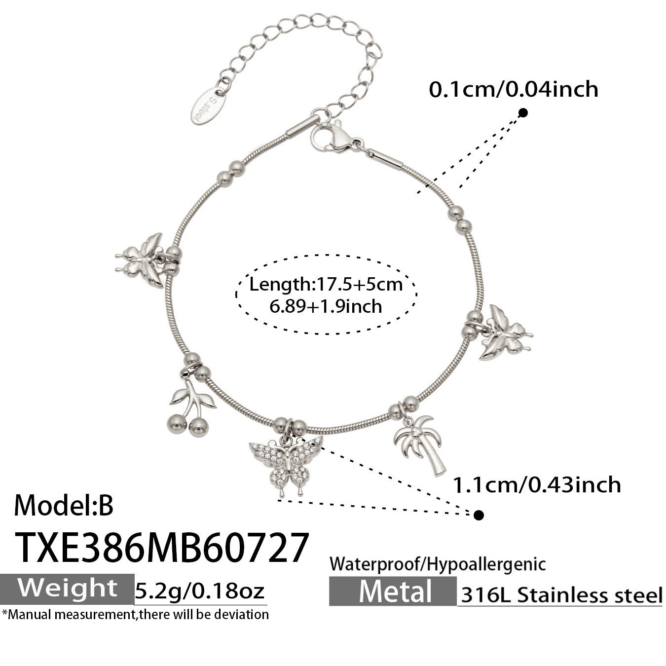 Polished steel multi-charm butterfly bracelet length and product specifications