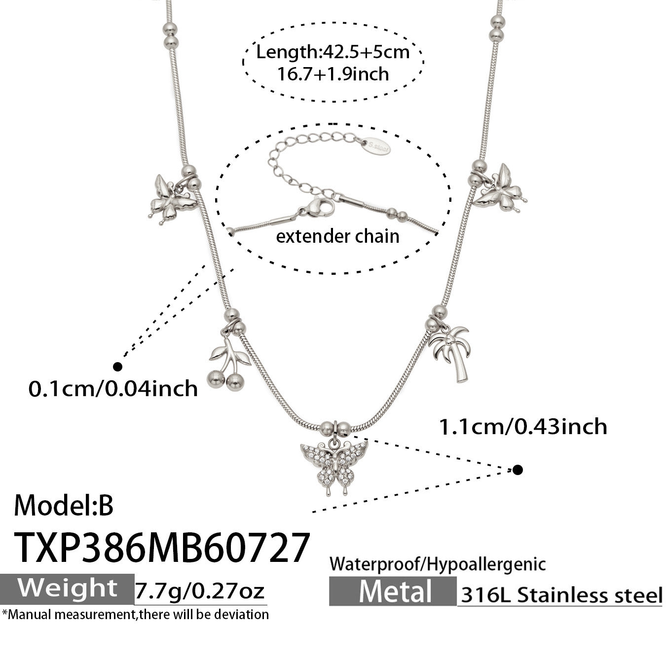 Polished steel multi-charm butterfly necklace dimensions and product specification guide