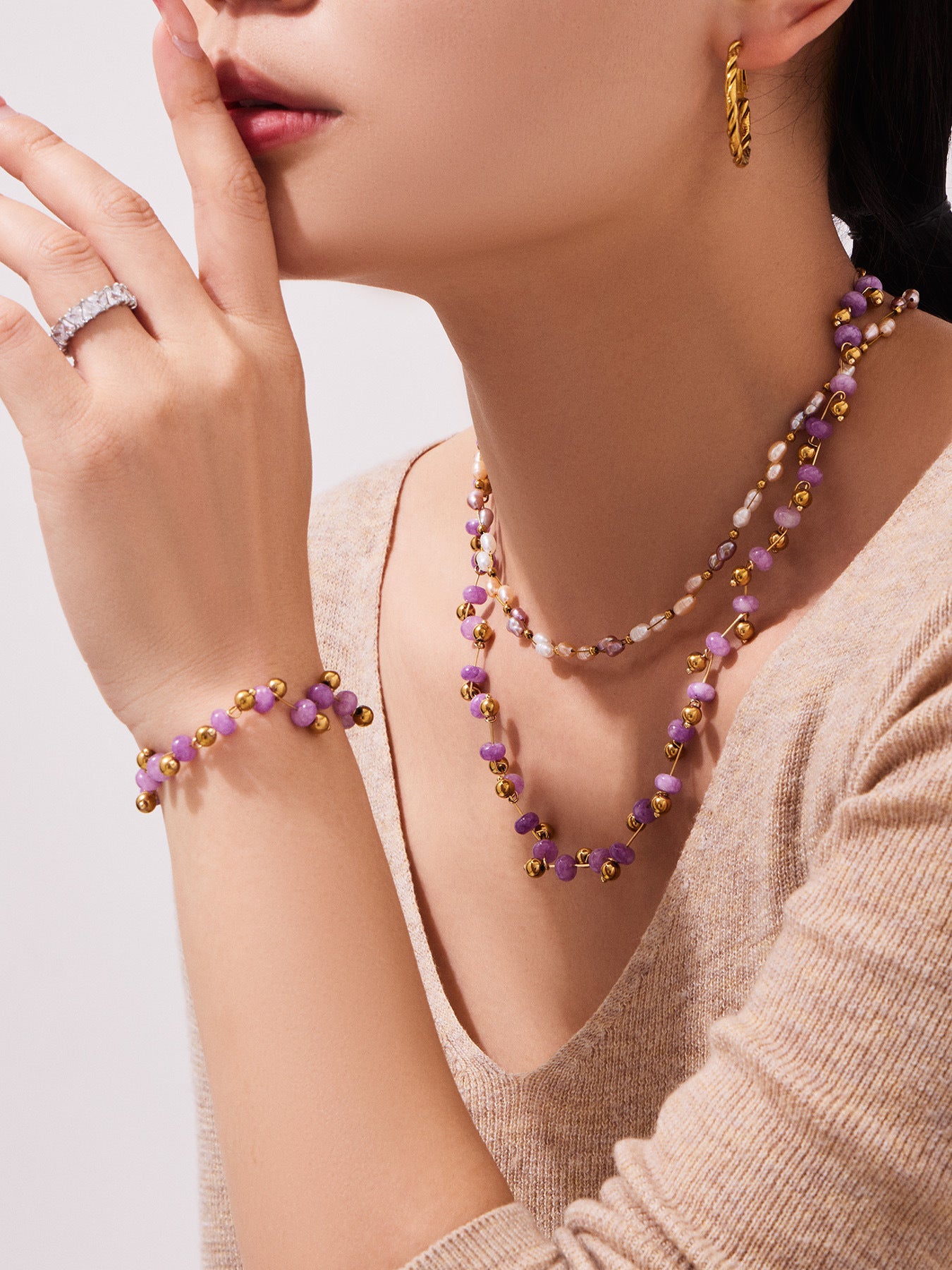 316L Stainless Steel Natural Stone Faceted Crystal Jewelry Set - front view showcase