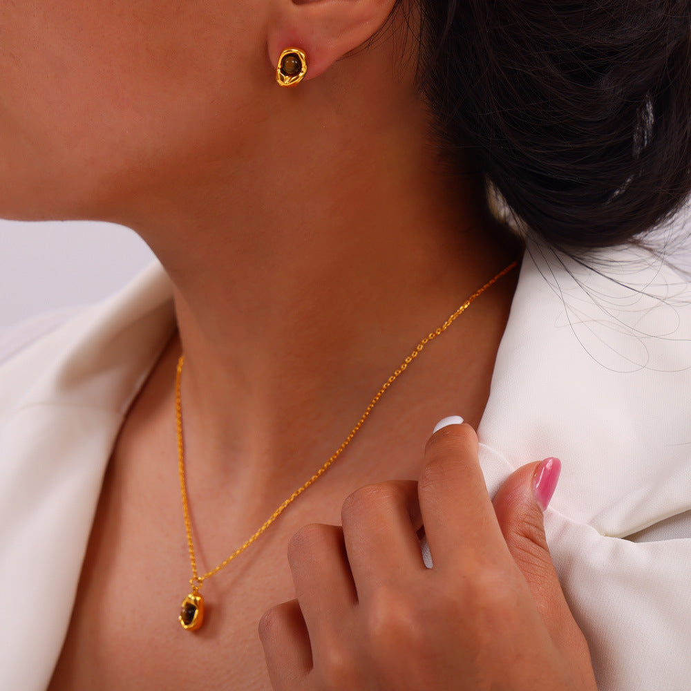 316L Stainless Steel Natural Stone Vintage Oval Jewelry Set - exquisite craftsmanship detail