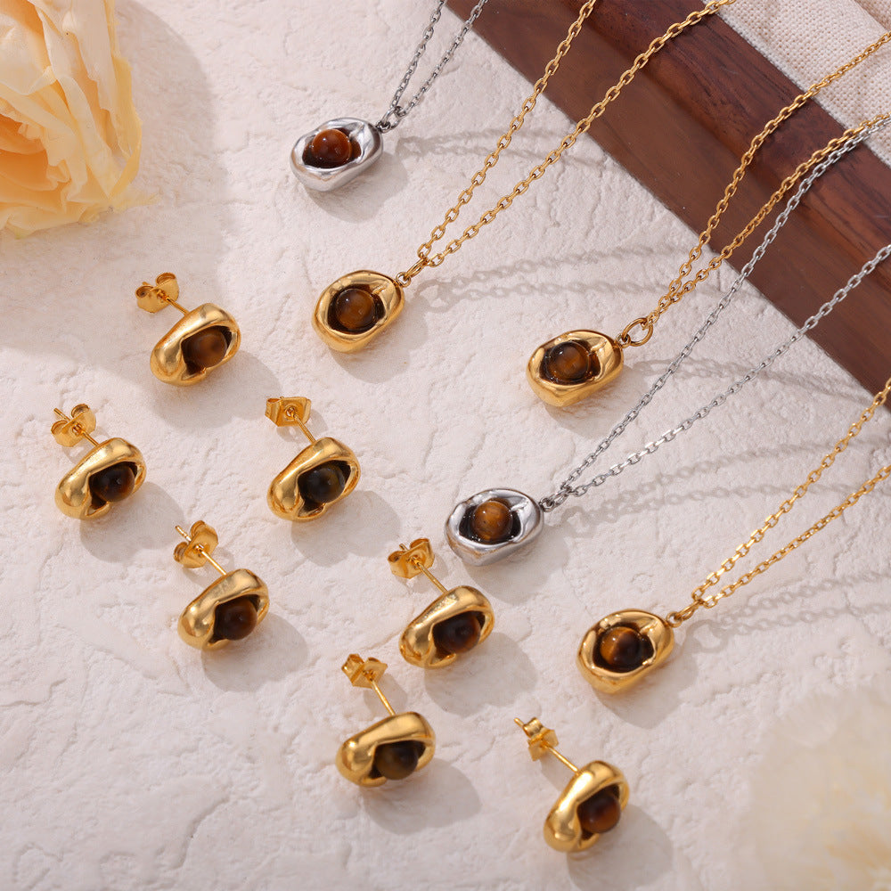 316L Stainless Steel Natural Stone Vintage Oval Jewelry Set - front view showcase