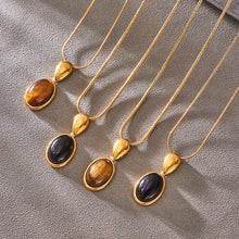 316L Stainless Steel Natural Stone Vintage Oval Pendant Necklace - sophisticated side angle