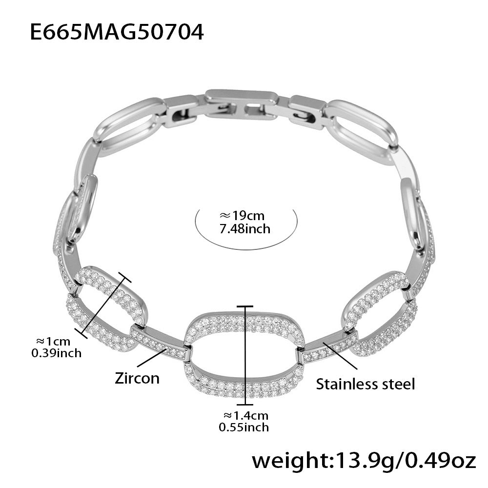 Polished steel oval link zircon bracelet length, width and weight guide