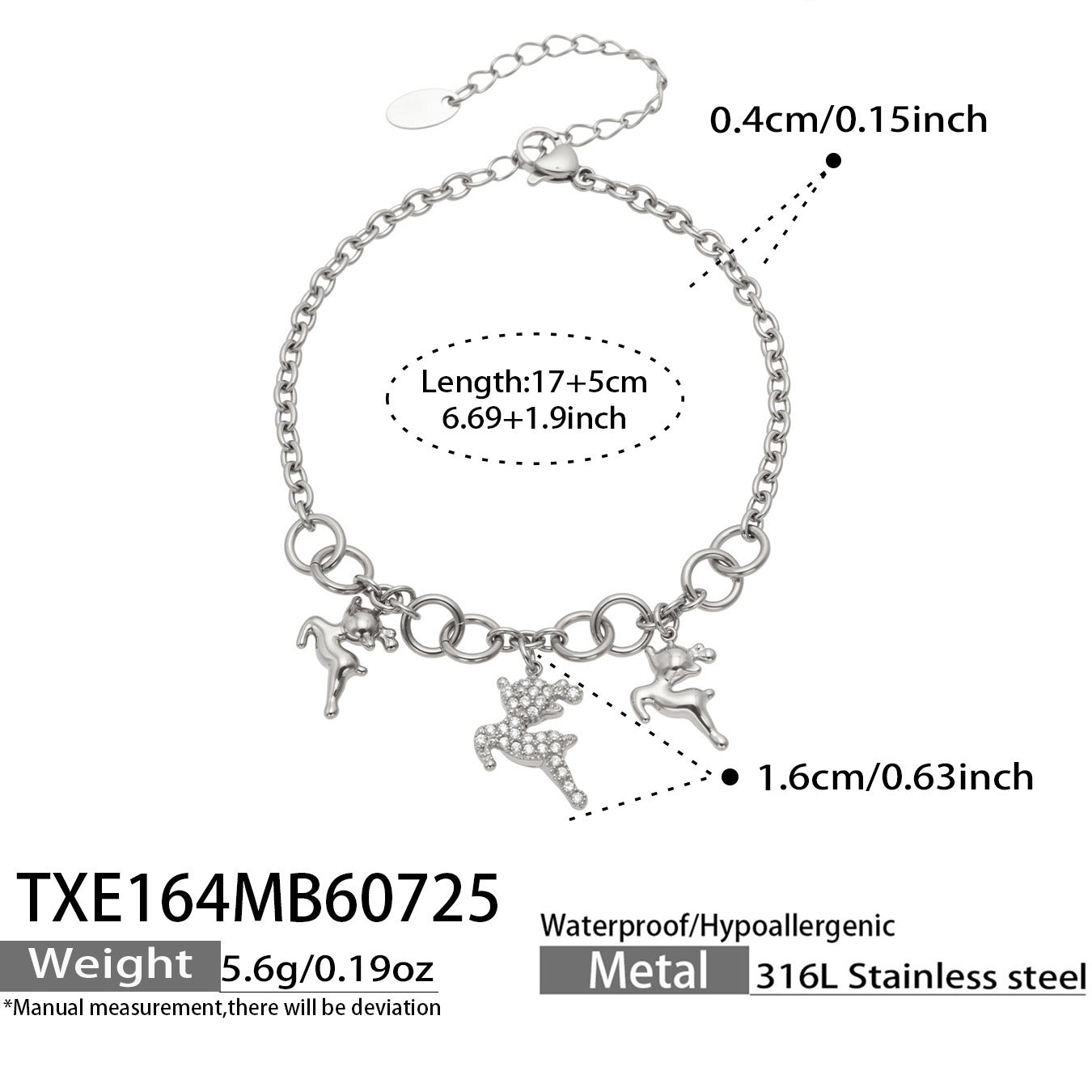 MiduoduoJewelry polished steel reindeer charm bracelet dimensions and specification guide