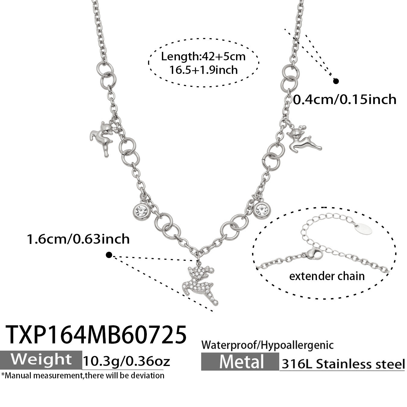 Polished steel reindeer zircon necklace length and pendant specification guide