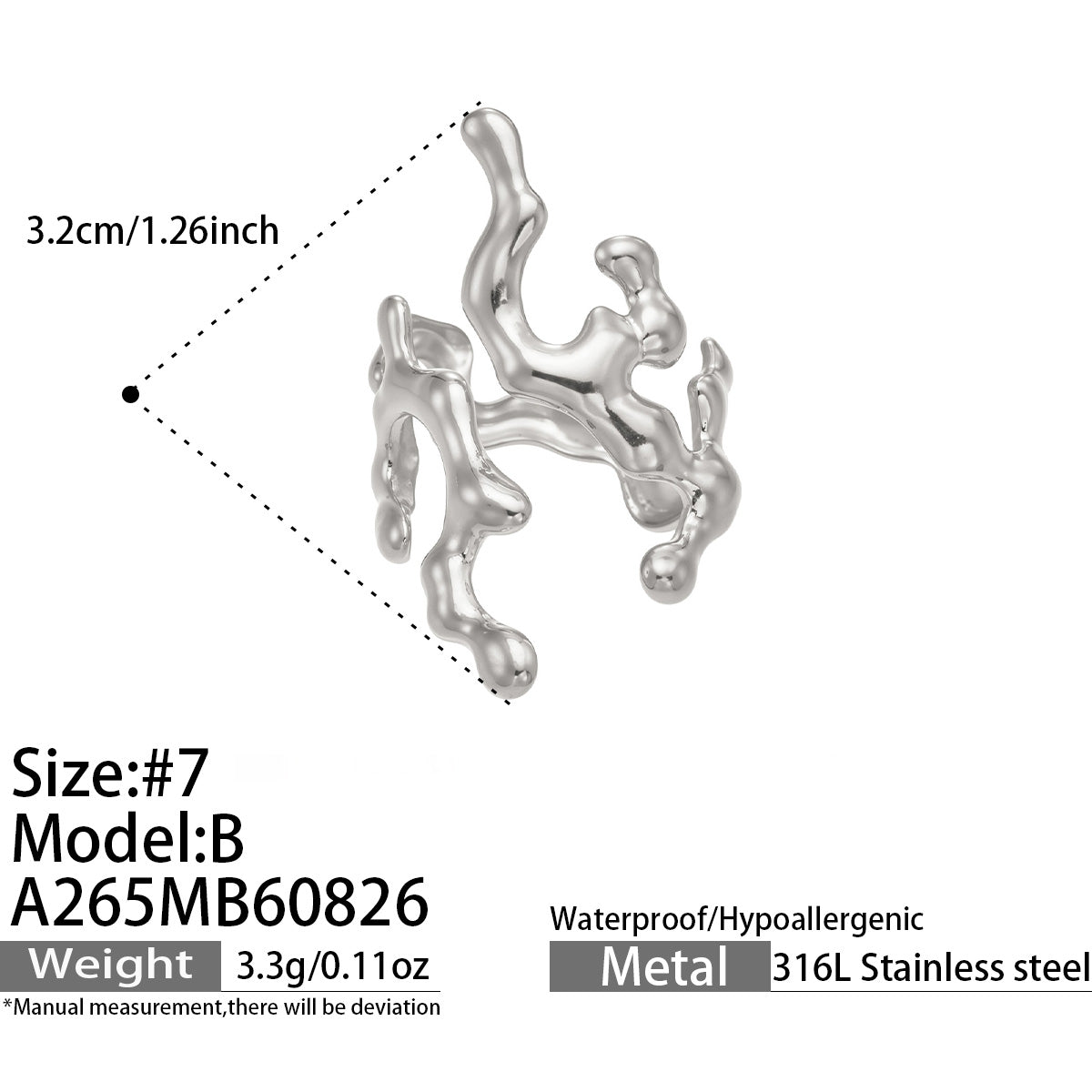 Size guide for steel 316L stainless steel irregular sculptural open ring