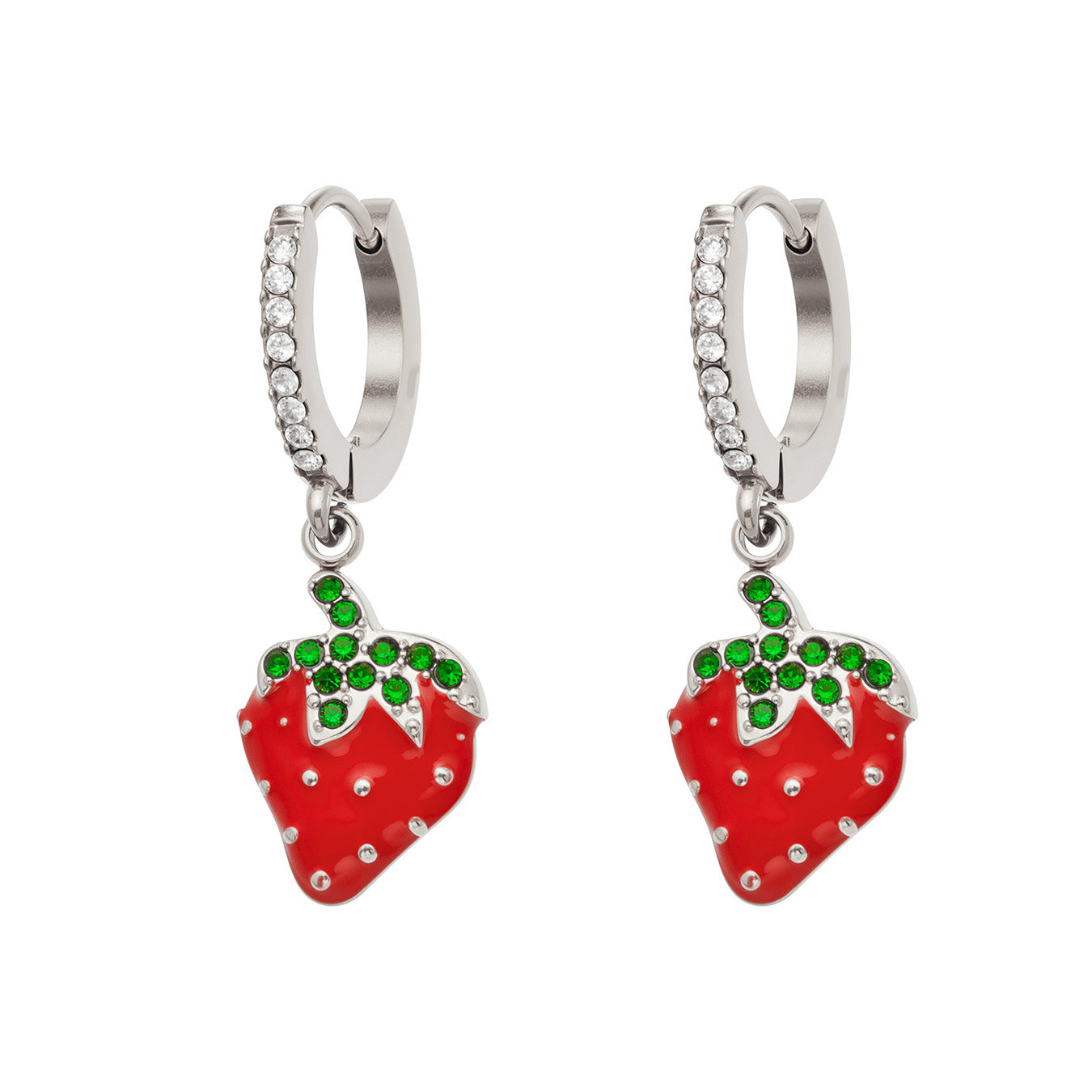 Steel-tone strawberry charm huggie earrings in 316 stainless steel with clear zirconia accents