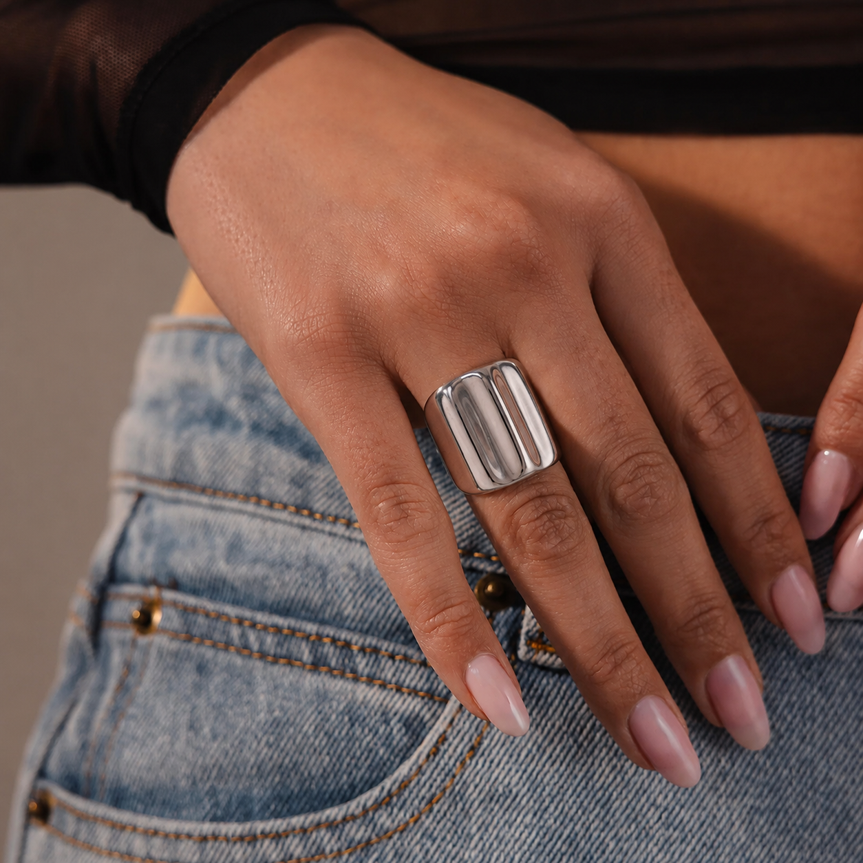 316L Stainless Steel Bold Geometric Wide Band Ring