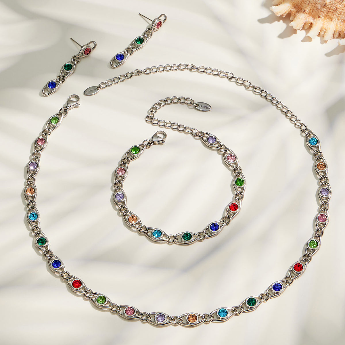 Steel tone colorful zircon necklace bracelet and earrings