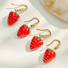 Strawberry cubic zirconia earrings with red enamel and green leaf details