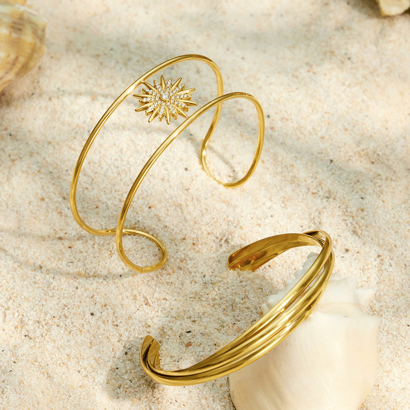316L Stainless Steel 18K PVD Gold Sun Zircon Open Bangle made with 316L stainless steel and 18K PVD gold finish for wholesale jewelry buyers - image 13
