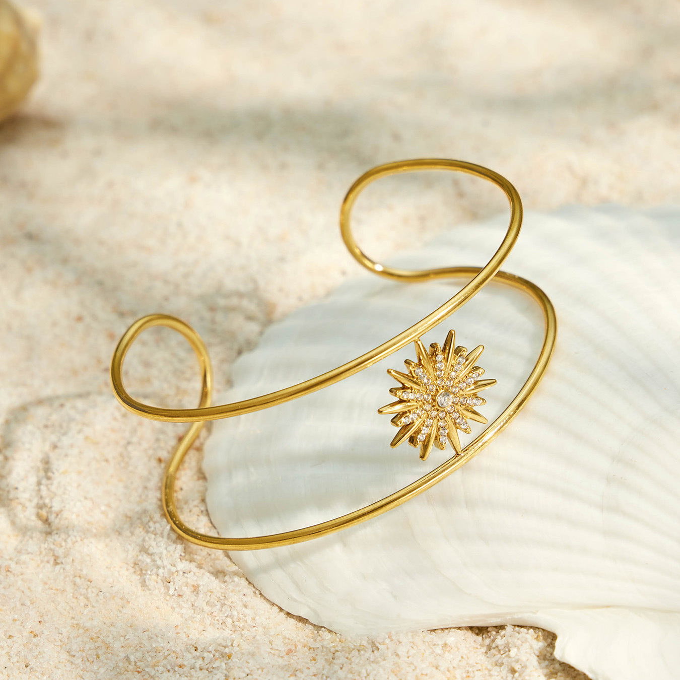 316L Stainless Steel 18K PVD Gold Sun Zircon Open Bangle made with 316L stainless steel and 18K PVD gold finish for wholesale jewelry buyers - image 4