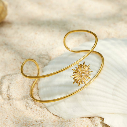 316L Stainless Steel 18K PVD Gold Sun Zircon Open Bangle made with 316L stainless steel and 18K PVD gold finish for wholesale jewelry buyers - image 4