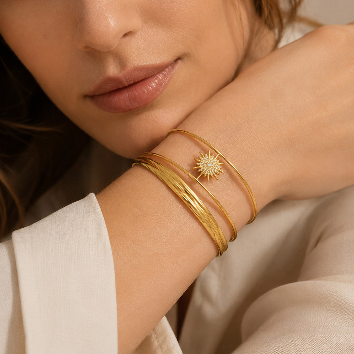 316L Stainless Steel 18K PVD Gold Sun Zircon Open Bangle made with 316L stainless steel and 18K PVD gold finish for wholesale jewelry buyers - image 5