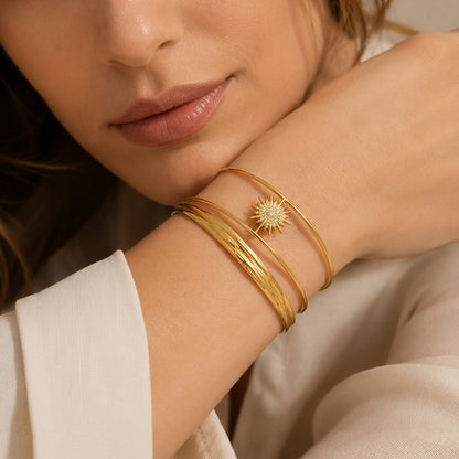 316L Stainless Steel 18K PVD Gold Sun Zircon Open Bangle made with 316L stainless steel and 18K PVD gold finish for wholesale jewelry buyers - image 5
