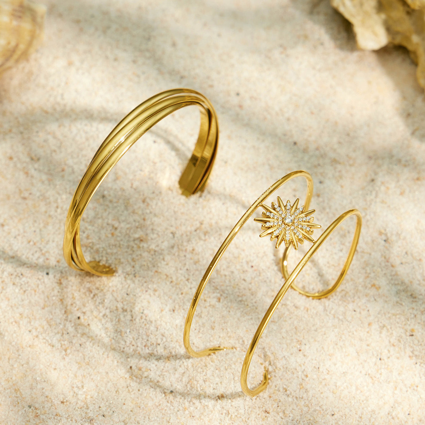316L Stainless Steel 18K PVD Gold Sun Zircon Open Bangle made with 316L stainless steel and 18K PVD gold finish for wholesale jewelry buyers - image 6