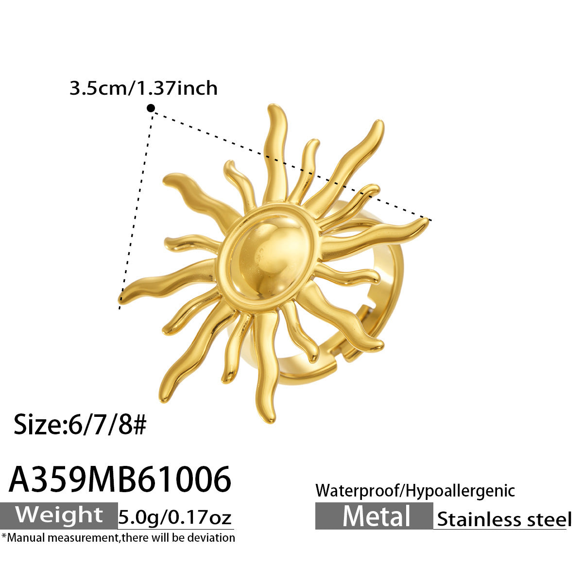316L Stainless Steel 18K PVD Gold Sunburst Ring made with 316L stainless steel and 18K PVD gold finish for wholesale jewelry buyers - image 11
