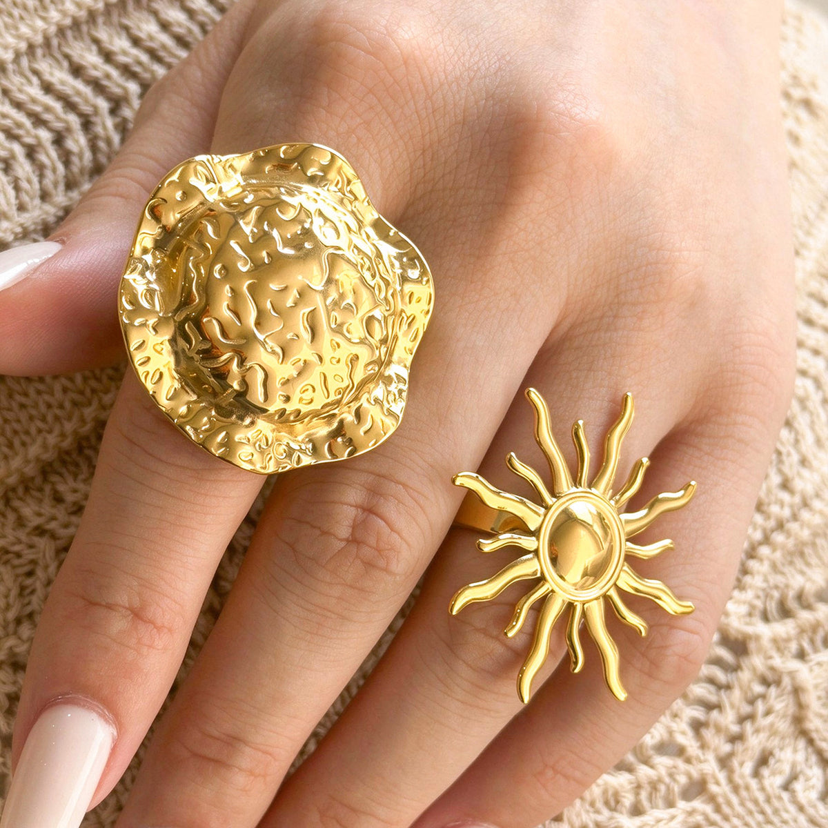Elegant design of the sunburst ring showcasing the shiny finish