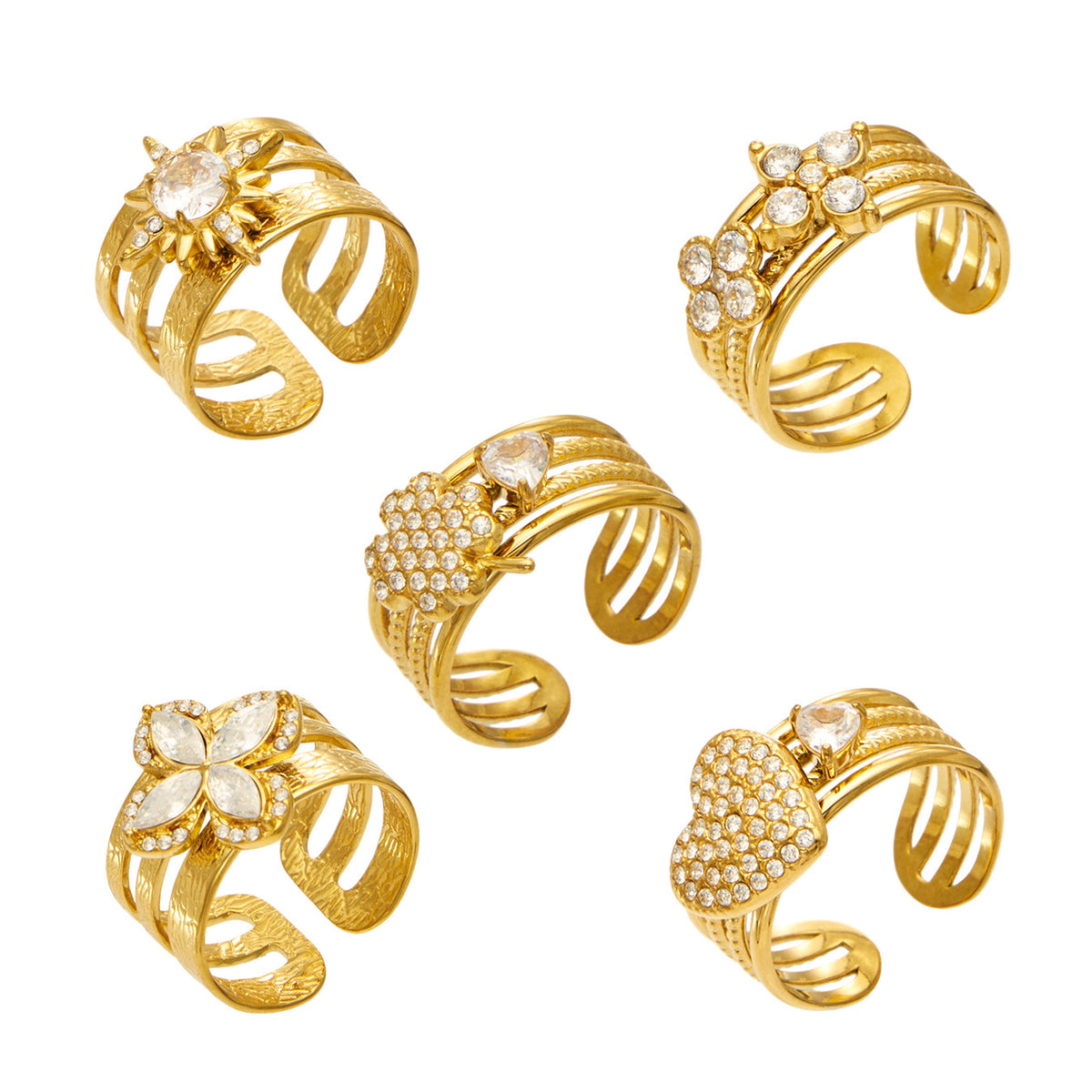 316L Stainless Steel 18K PVD Gold Sunflower Zircon Open Ring made with 316L stainless steel and 18K PVD gold finish for wholesale jewelry buyers - image 10