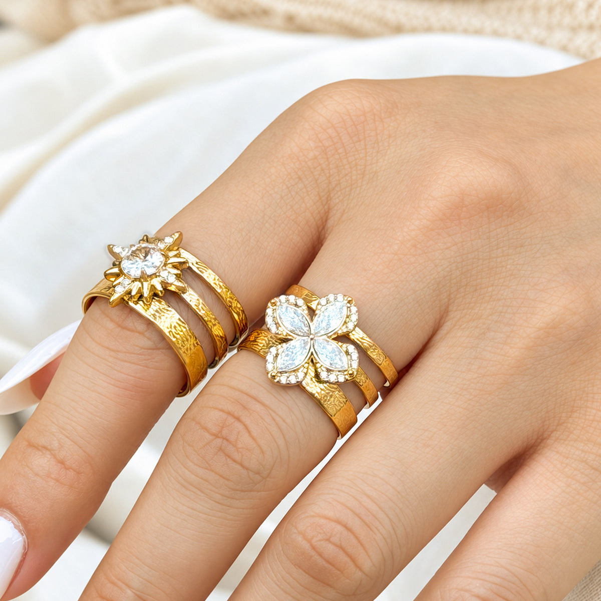 316L Stainless Steel 18K PVD Gold Sunflower Zircon Open Ring made with 316L stainless steel and 18K PVD gold finish for wholesale jewelry buyers - image 11