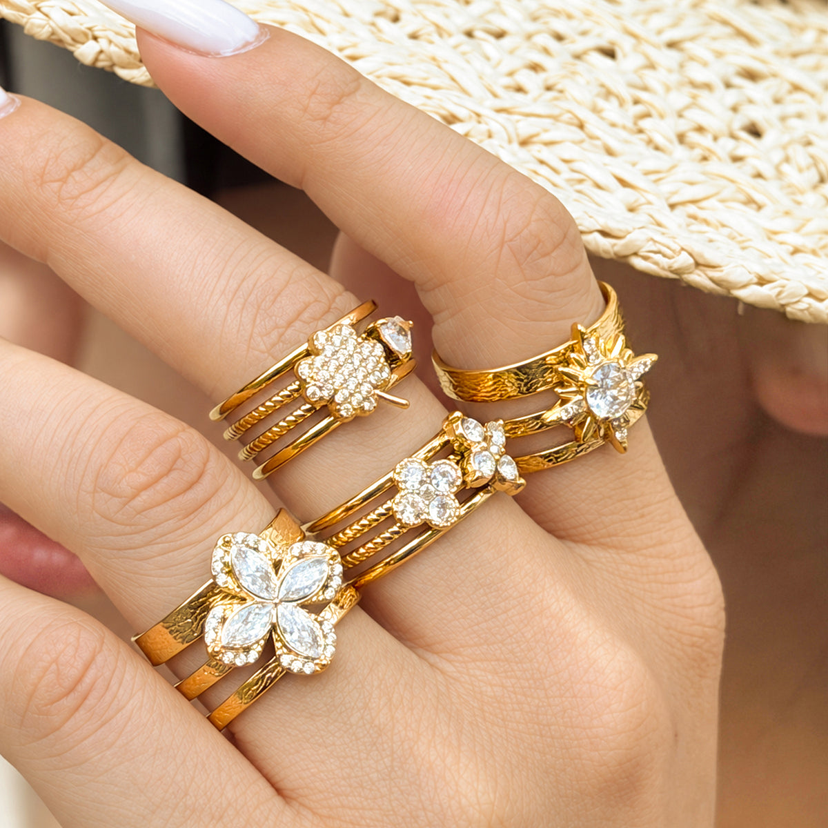 316L Stainless Steel 18K PVD Gold Sunflower Zircon Open Ring made with 316L stainless steel and 18K PVD gold finish for wholesale jewelry buyers - image 14