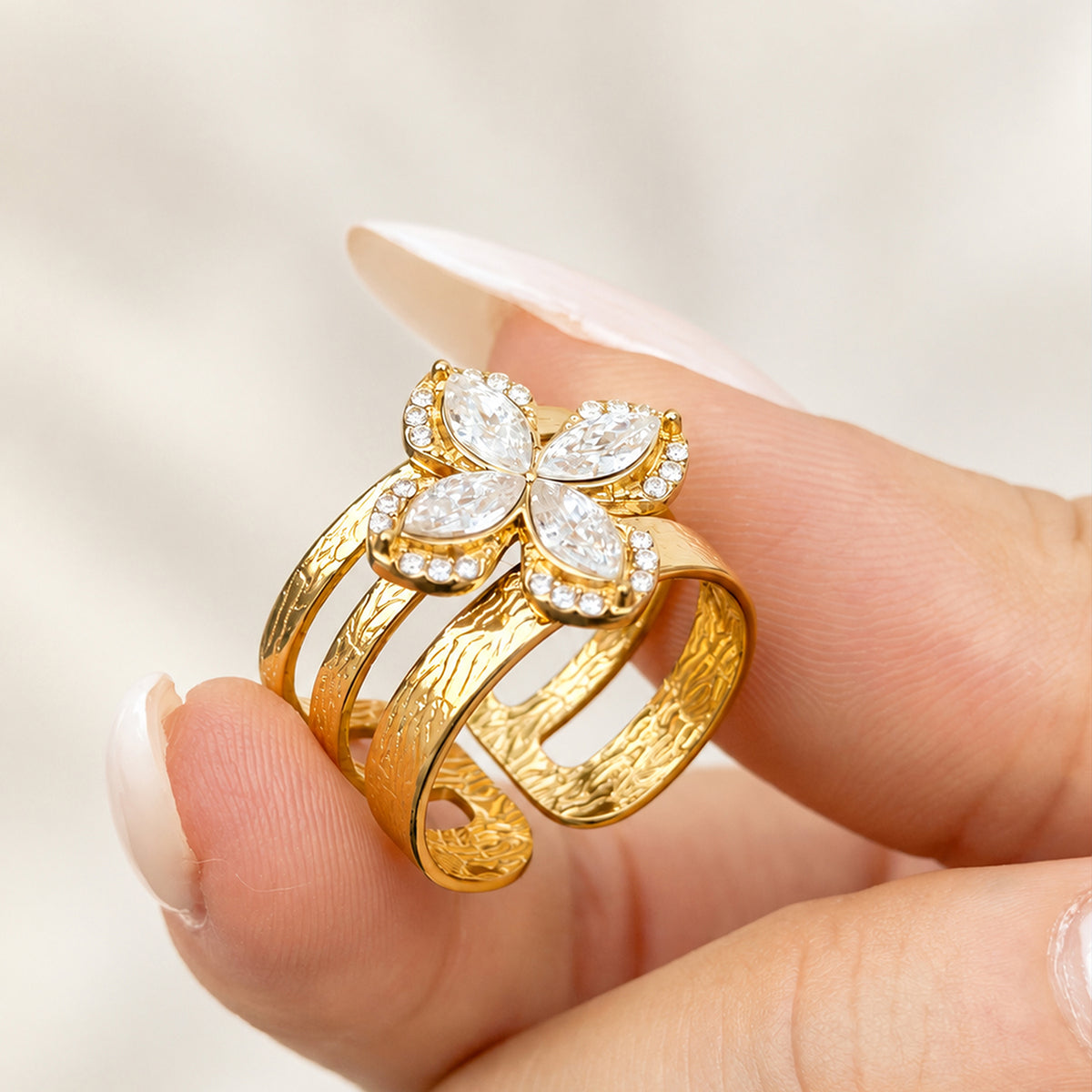 316L Stainless Steel 18K PVD Gold Sunflower Zircon Open Ring made with 316L stainless steel and 18K PVD gold finish for wholesale jewelry buyers - image 16