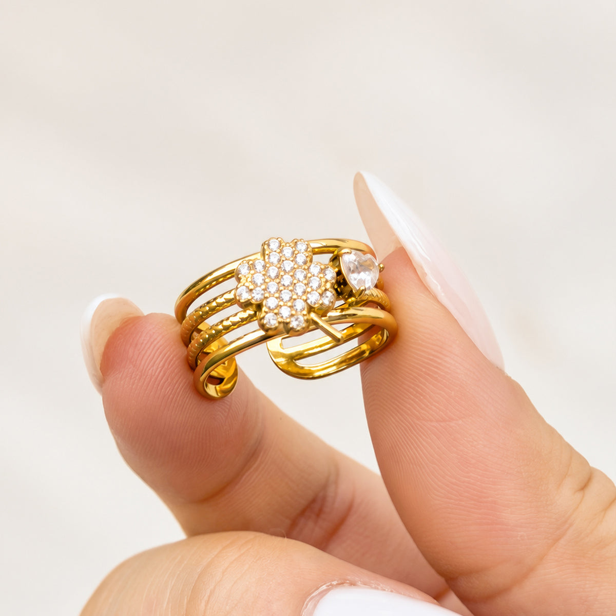 316L Stainless Steel 18K PVD Gold Sunflower Zircon Open Ring made with 316L stainless steel and 18K PVD gold finish for wholesale jewelry buyers - image 17