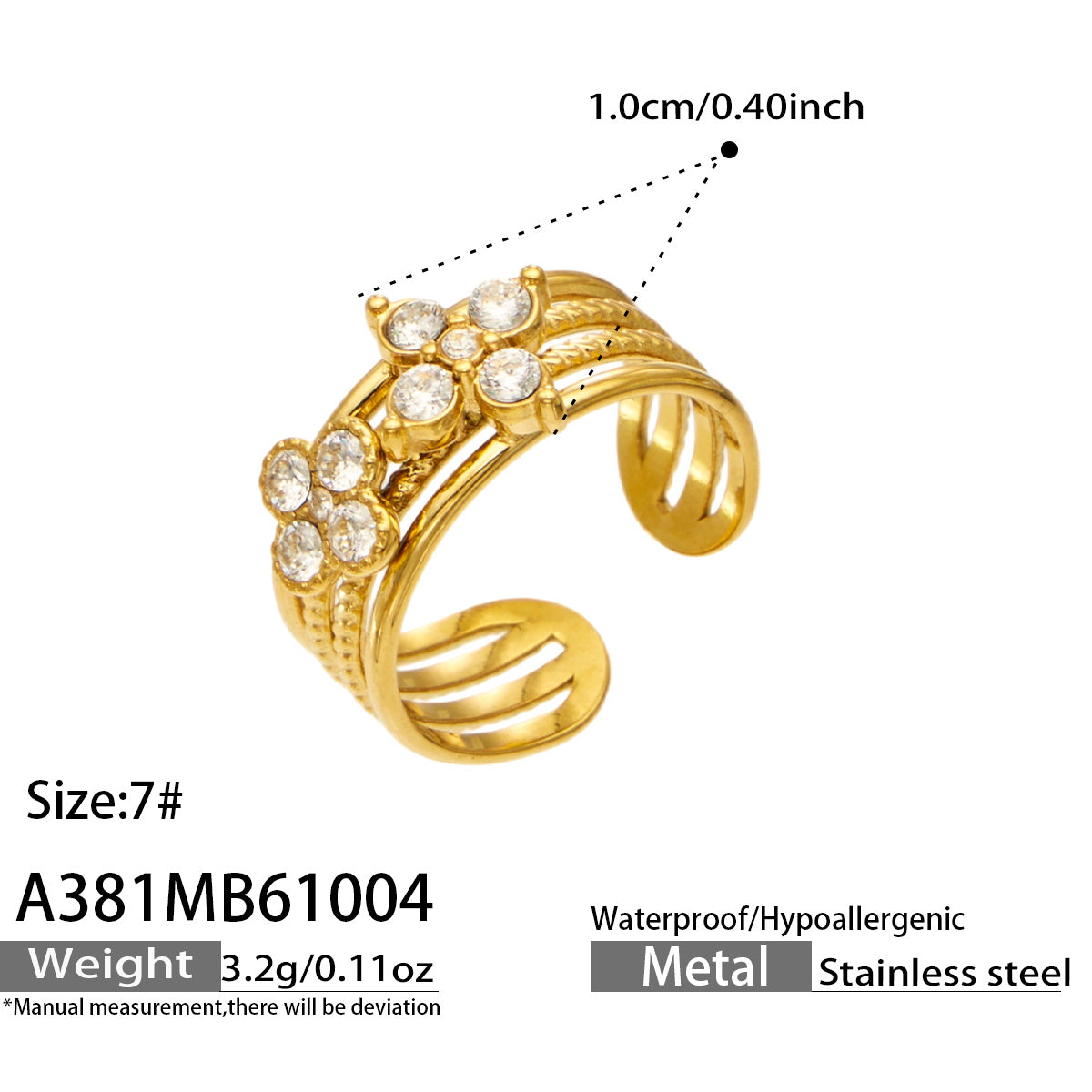 316L Stainless Steel 18K PVD Gold Sunflower Zircon Open Ring made with 316L stainless steel and 18K PVD gold finish for wholesale jewelry buyers - image 26