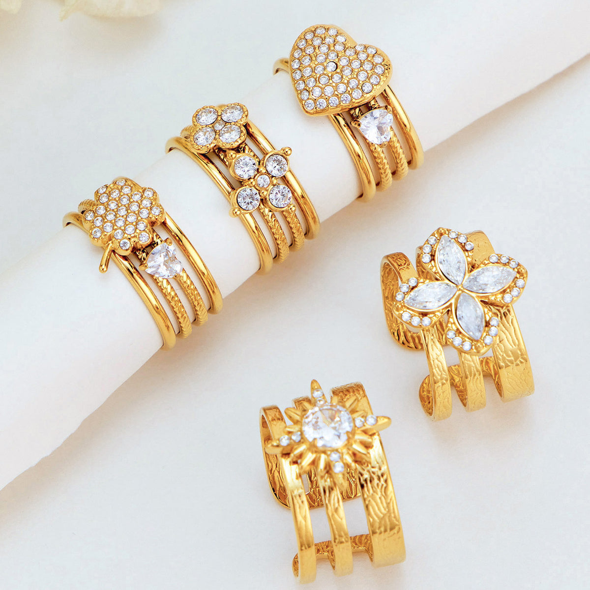 316L Stainless Steel 18K PVD Gold Sunflower Zircon Open Ring made with 316L stainless steel and 18K PVD gold finish for wholesale jewelry buyers - image 3