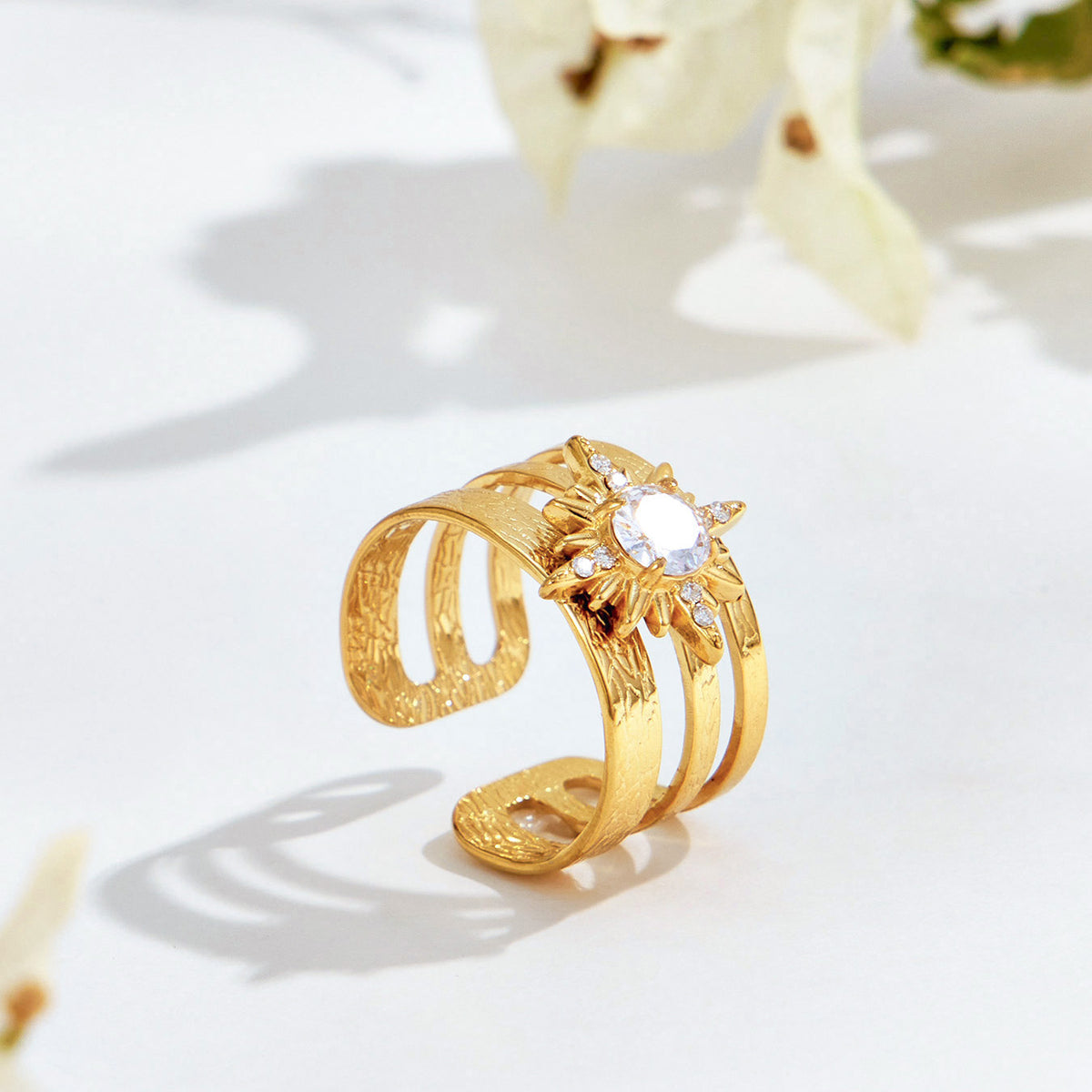 316L Stainless Steel 18K PVD Gold Sunflower Zircon Open Ring made with 316L stainless steel and 18K PVD gold finish for wholesale jewelry buyers - image 5