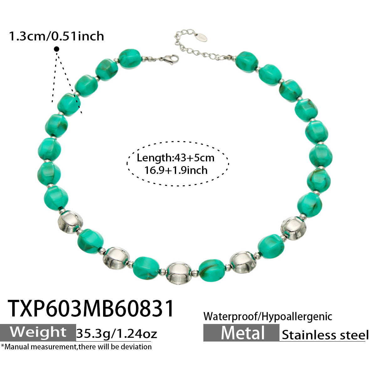 Specification card for a teal resin bead necklace with stainless steel accent beads.