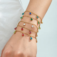 Five teardrop zircon bracelet color styles stacked on the wrist