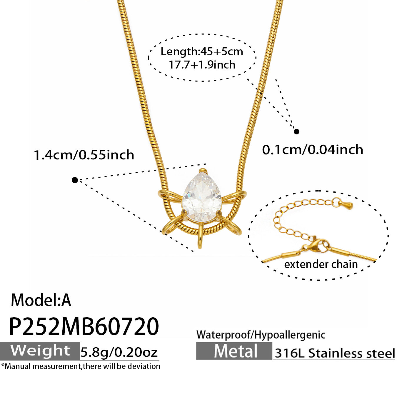 Size guide for the teardrop zircon pendant necklace with chain and pendant measurements