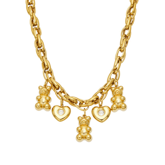 MiduoduoJewelry gold teddy bear and heart charm necklace with clear zircon accents
