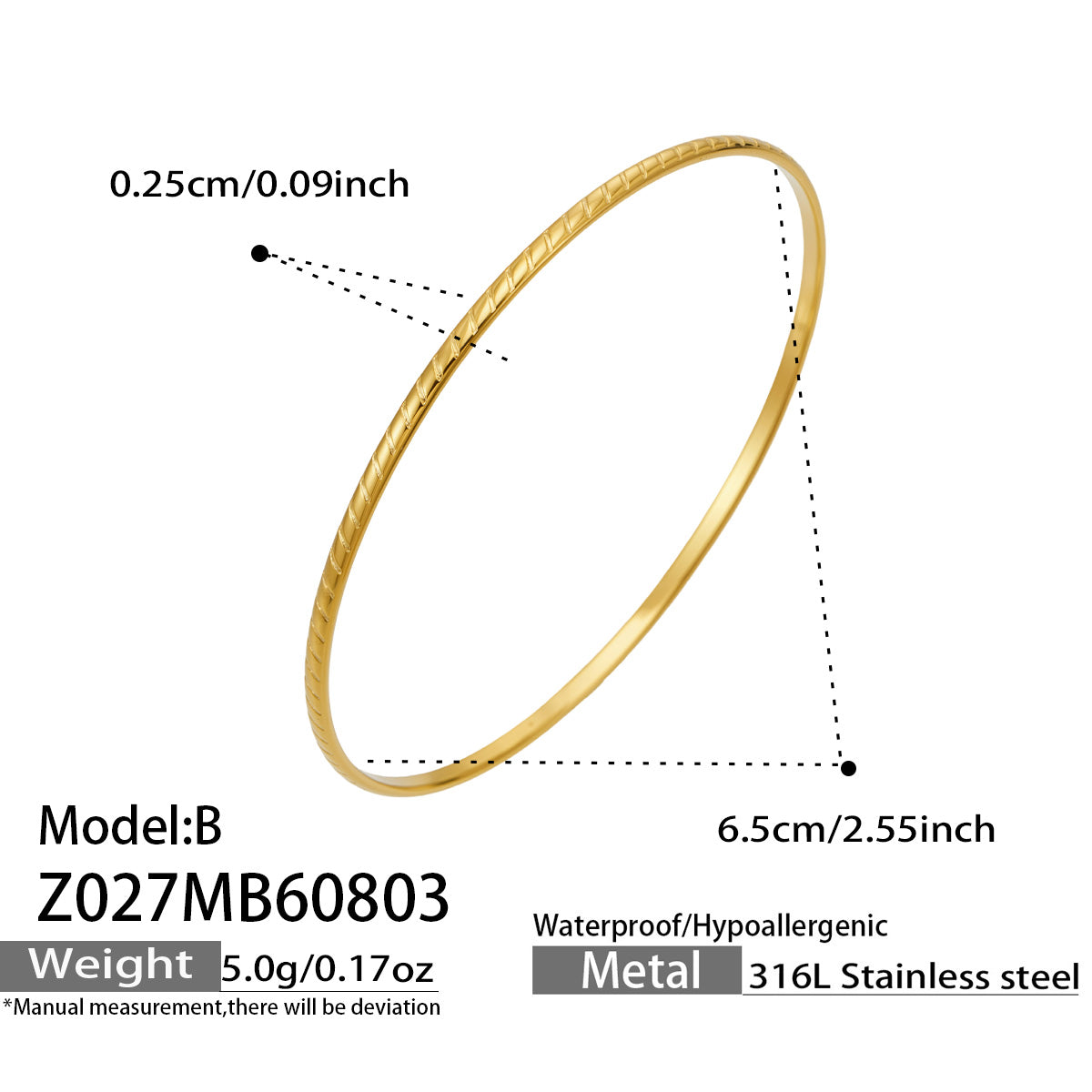 Textured gold-tone slim stackable bangle size and product detail guide