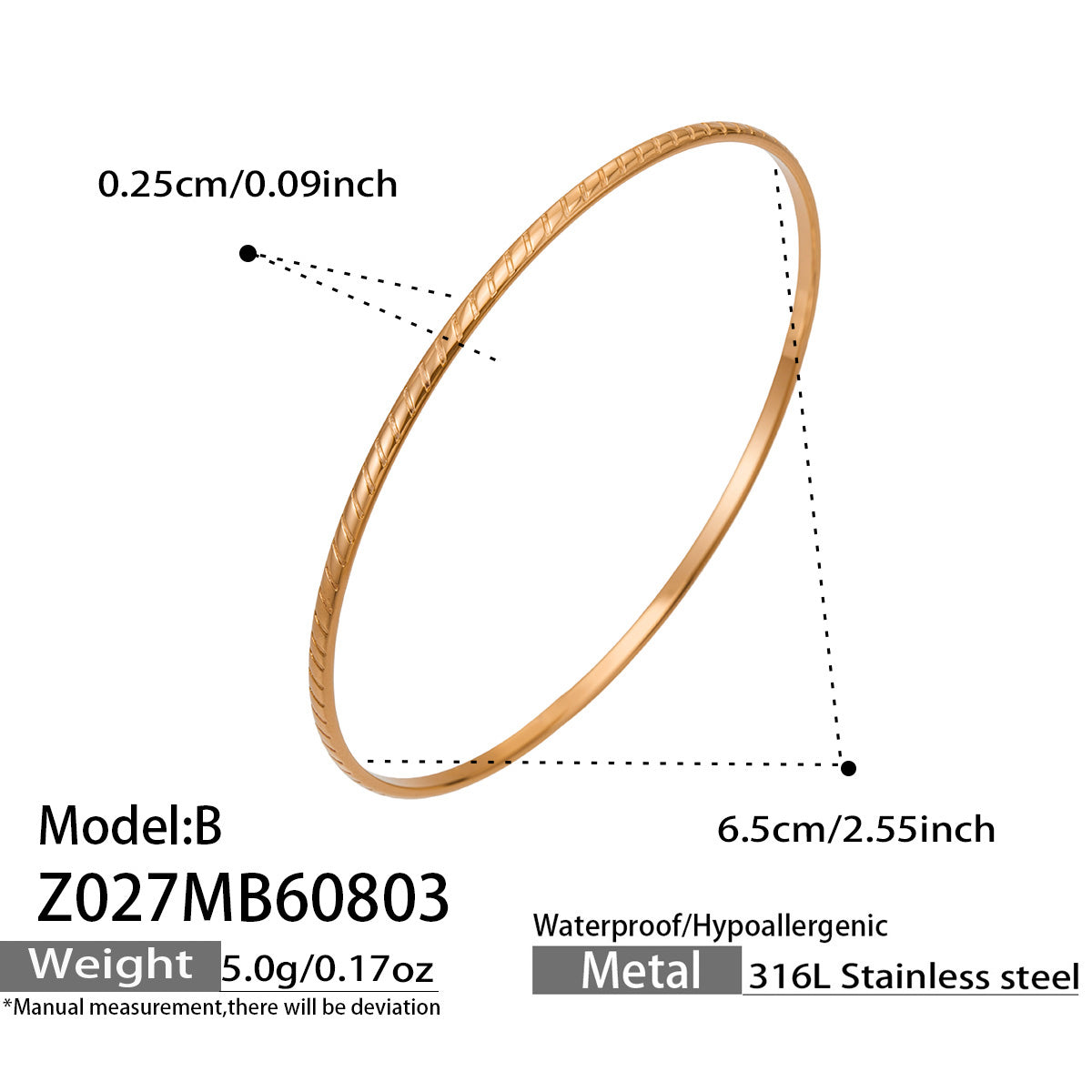 Textured rose gold-tone slim stackable bangle size and product detail guide