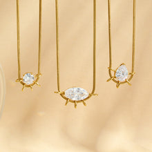 Three geometric zircon pendant necklace styles in round, marquise and teardrop shapes