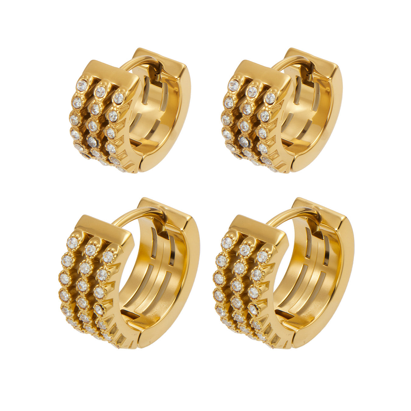 Gold triple-row pavé zircon huggie earrings showing the two available size options