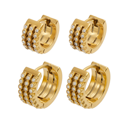 Gold triple-row pavé zircon huggie earrings showing the two available size options