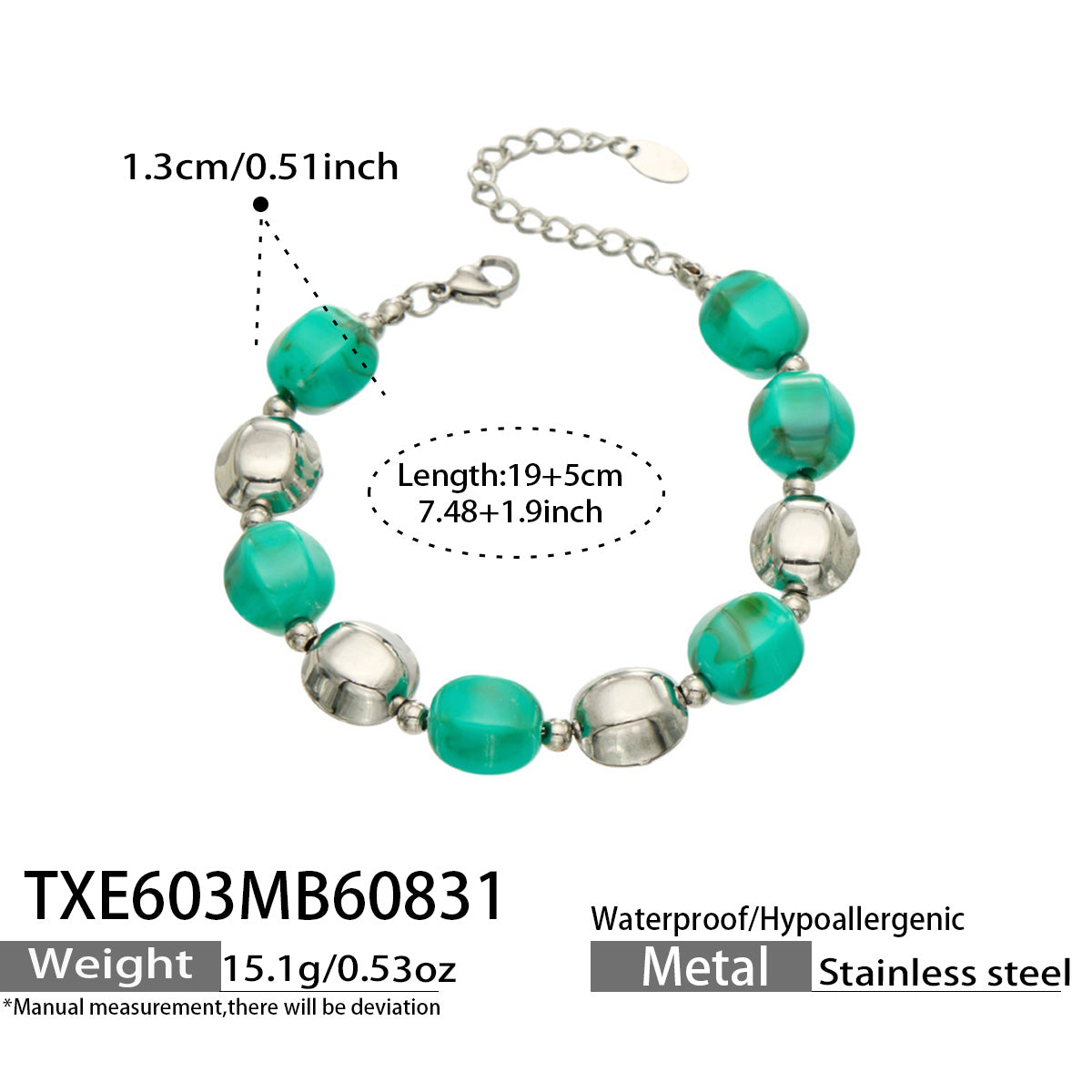 Specification card for a turquoise resin bead bracelet with stainless steel accent beads.