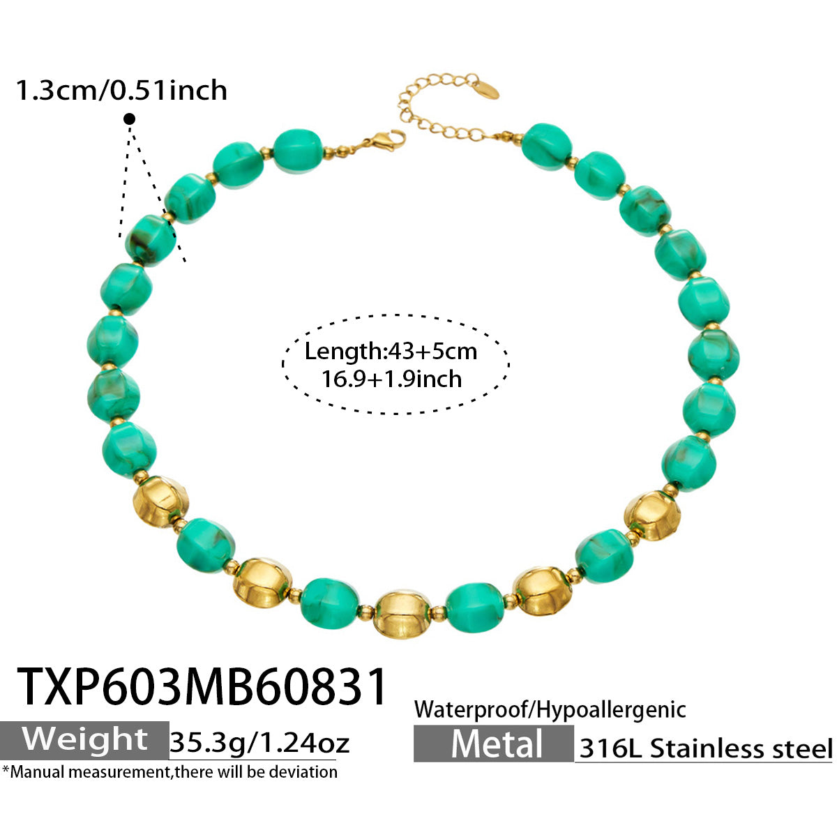 Specification card for a turquoise resin bead necklace with stainless steel accent beads.