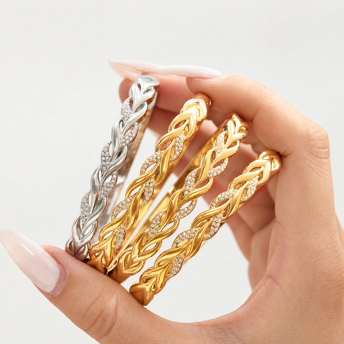 304 Stainless Steel 18K PVD Gold Twist Rope Zircon Bangle made with 304 Stainless Steel and 18K PVD gold finish for wholesale jewelry buyers - image 10