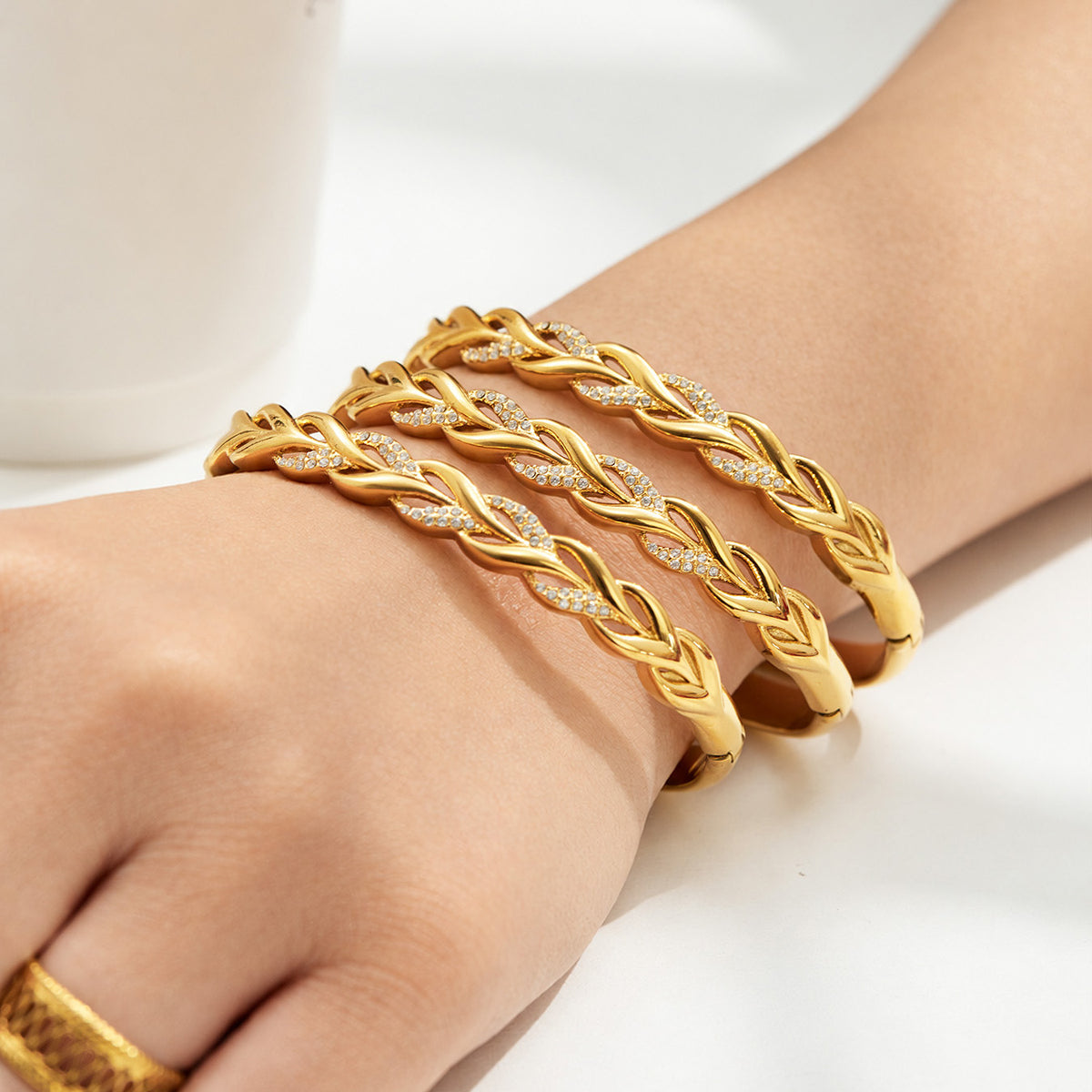 304 Stainless Steel 18K PVD Gold Twist Rope Zircon Bangle made with 304 Stainless Steel and 18K PVD gold finish for wholesale jewelry buyers - image 16