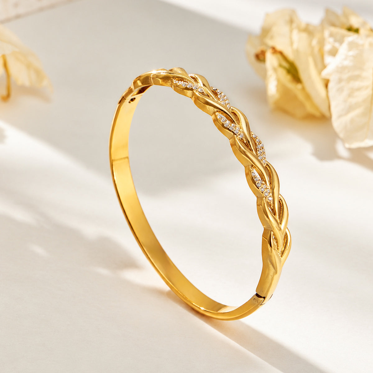 304 Stainless Steel 18K PVD Gold Twist Rope Zircon Bangle made with 304 Stainless Steel and 18K PVD gold finish for wholesale jewelry buyers - image 4